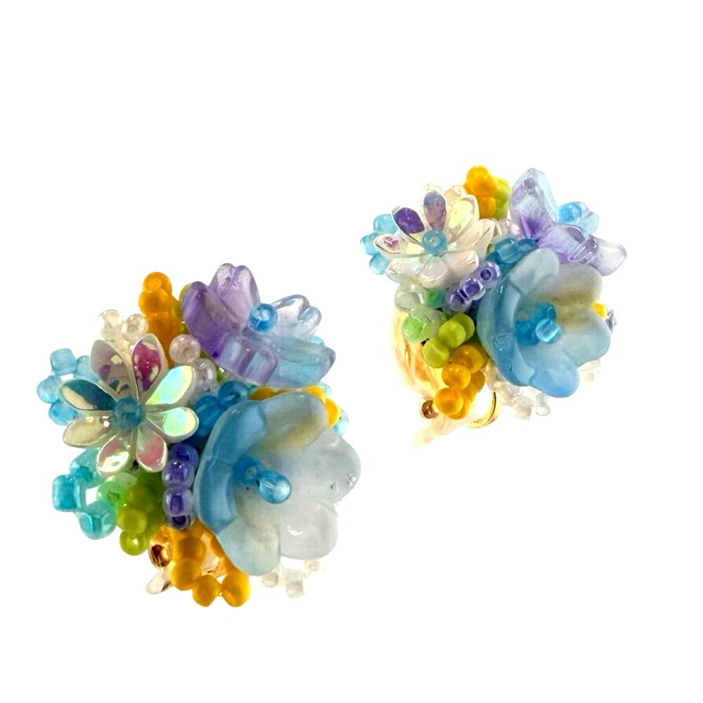 Handmade Whimsical Vintage Style Pastel Flower Bouquet Clip On .75" Earrings